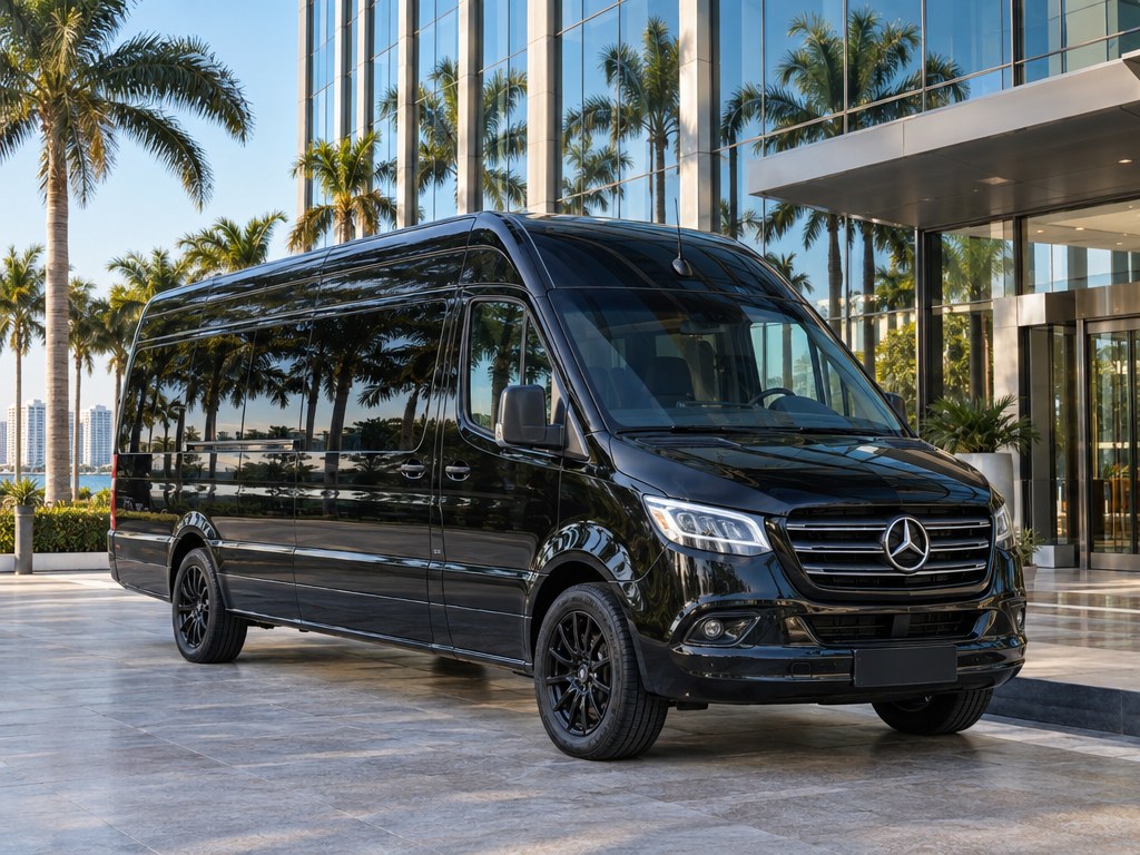 Black Mercedes-Benz executive Sprinter waiting outside a modern glass office tower