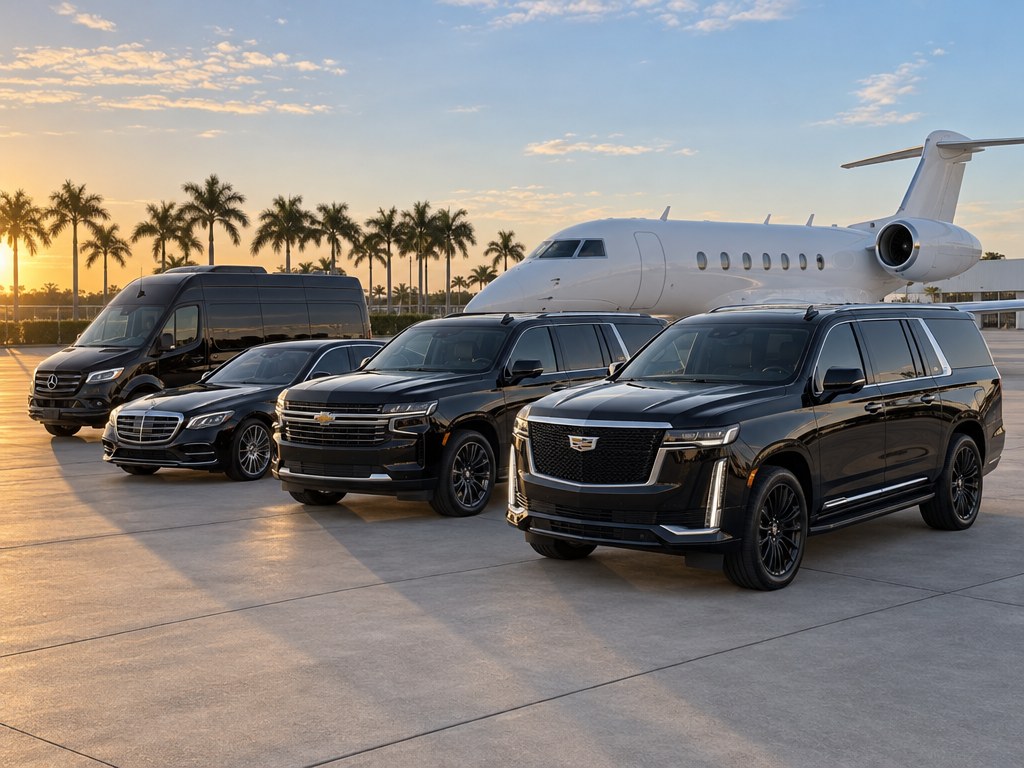 Black Escalade, Suburban, Mercedes sedan and executive Sprinter lined up beside a private jet