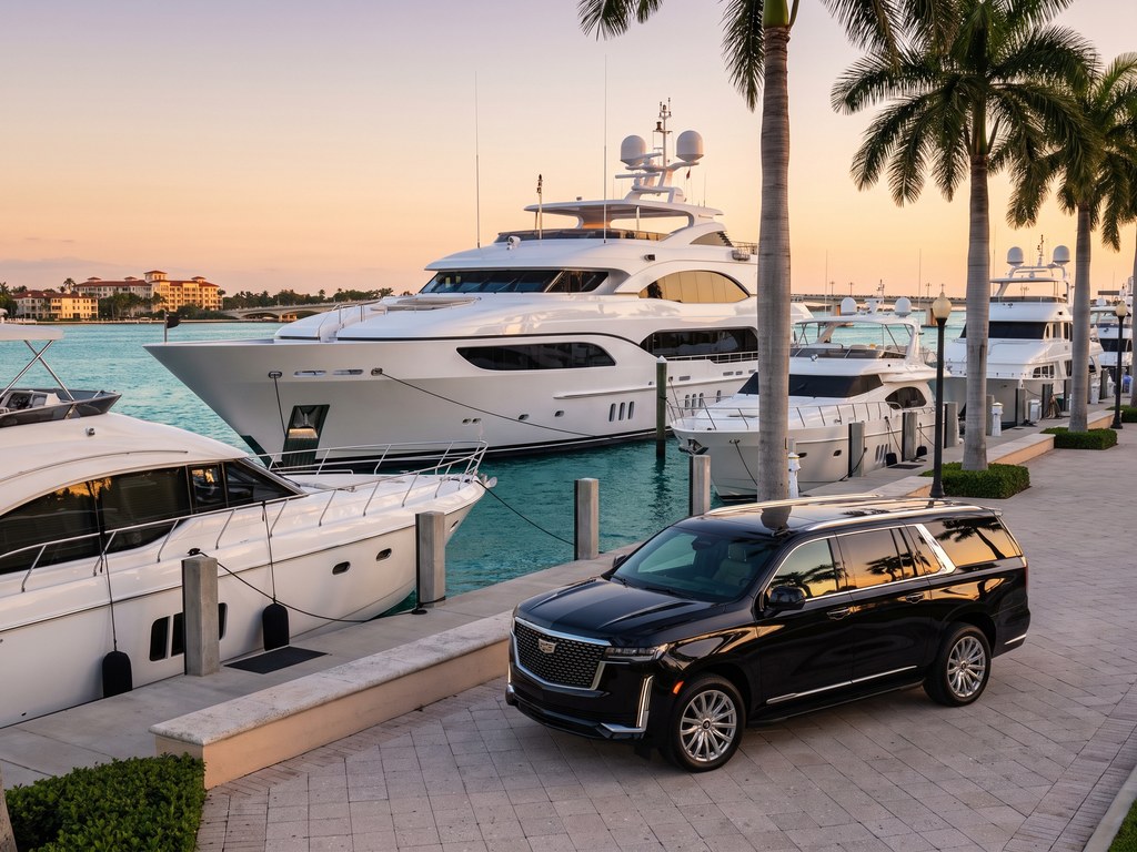 Black Cadillac Escalade ESV dockside at Palm Harbor Marina on Flagler Drive, West Palm Beach, with superyachts and luxury motor yachts at sunset