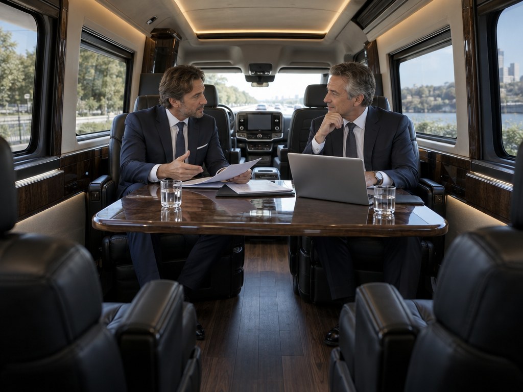 Executive Sprinter interior with leather captain chairs, work table and executives in suits