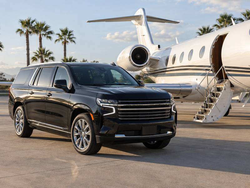 Black Chevrolet Suburban beside a private jet